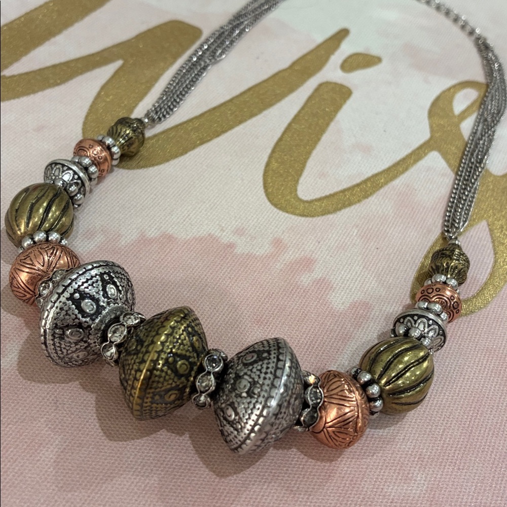 Multi-Tone Beaded Statement Necklace - Silver, Go… - image 2